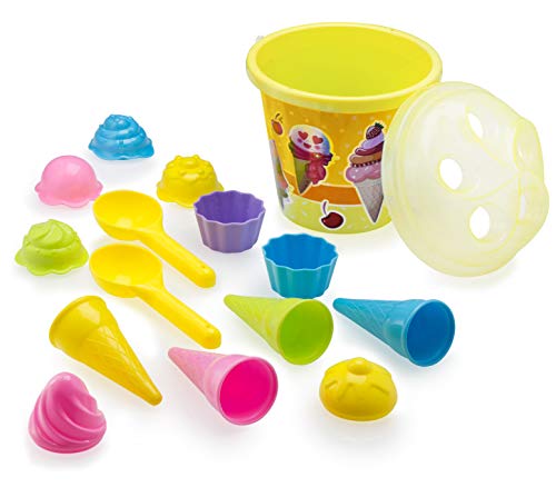 Top Race Beach Toys Set With Large 9'' Bucket Pail And Spade Scoop Shovels For Kids | 16Pcs Yellow Ice Cream Playset For Kids & Toddlers Ages 1.5,2,3,4,5,6,7,8,9 | Great Sand Toys For Outdoor Sandbox #TOP1