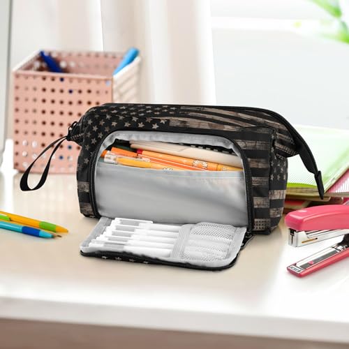 Image of Fisyme Vintage Brown American Flag Pencil Case Large Capacity Pencil Pouch Pen Bags Box Big Makeup Pencil Case Organizer