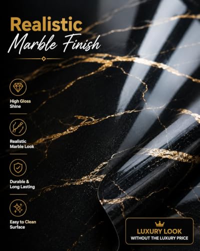 Image of Black Marble Self Adhesive Wallpaper, Gold Vein Design, Peel and Stick Vinyl Contact Paper for Kitchen Countertop, Cabinet & Wall Covering (60 x 200 cm)