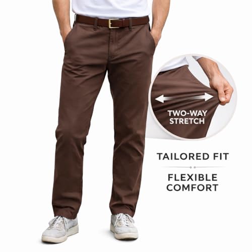 Image of DENRO Men's Slim Fit Cotton Stretch Trousers | Smart Casual & Workwear Pants for Office Use | 98% Cotton 2% Spandex Fabric | Mid-Rise Tailored Fit | Sizes 28-38