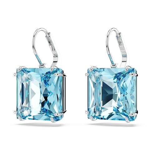 Swarovski Millenia Earrings, Square cut crystal, Blue, Rhodium plated3