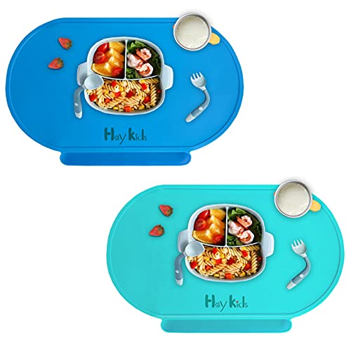 Image of HIKIDS Food Catching Non-Slip Baby Placemat, Food Grade Silicone Placemats for Kids Baby Toddler,2Pack,Baby Green&Blue