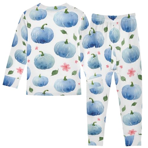 Pajama Sets Long Sleeve Blue Pumpkins on White Background Soft Comfy Sleepwear 2 Piece PJS 3-8T3