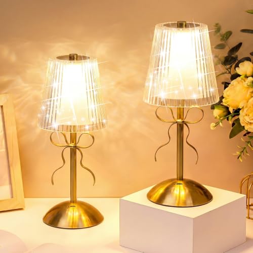 Image of Liliful 2 Pcs Cordless Table Lamp Rechargeable Touch LED Small Gold Portable Battery Operated USB-c Desk Lamp 3 Color Dimmable for Bedroom Living Room Dining (Gold,Hollow Lined Style Bow)