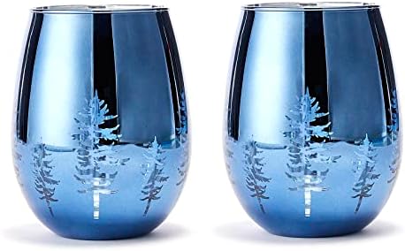 Crystal Winter Tree Wine & Water Stemless Glasses - Set of 2 - Blue Themed Vibrant Etched Winter Snow Wonderland Frosted Glass, Perfect for Themed Parties, Gifts for Him & Her Trees
