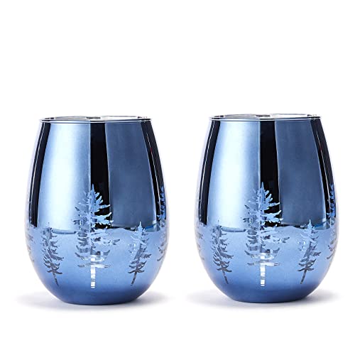 Crystal Winter Tree Wine & Water Stemless Glasses - Set Of 2 - Blue Themed Vibrant Etched Winter Snow Wonderland Frosted Glass, Perfect For Themed Parties, Gifts For Him & Her Trees #TOP2