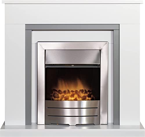 Adam Milan Fireplace in Pure White& Grey with Colorado Electric Fire in Brushed Steel, 39 Inch