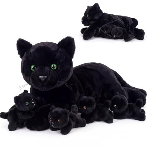 Image of Skylety 5 Pieces Cat Stuffed Animal with Babies Inside Belly Plush Cat Pregnant Mommy Kitty with 4 Cute Fluffy Stuffed Kittens Christmas Birthday Surprise Gifts(Dark Black)