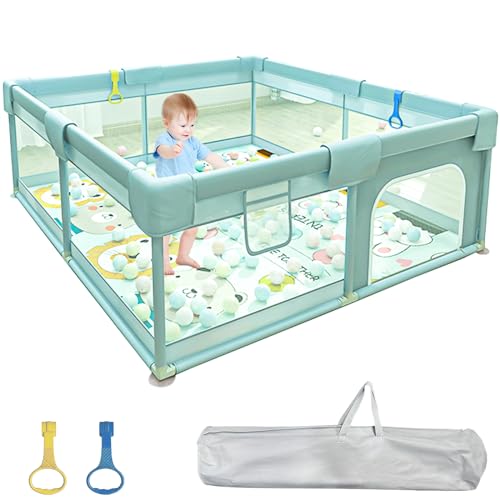 Sulishang Baby Playpen, 185x205x66CM Extra Large Baby Playard, Playpen for Toddler with Zipper Gate, Indoor & Outdoor Kids Activity Center, Safety Play Yard with Soft Breathable Mesh, Green (No Mat)