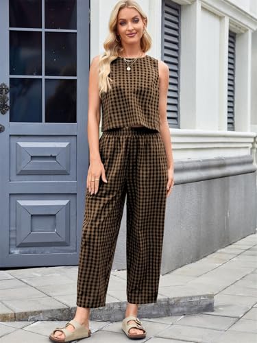 SotRong Gingham Summer Two Pieces Outfit Women Relaxed Boxy Fit Plaid Checked Pattern Leisure Wear Sets Sleveless Crewneck Tank Tops High Elastic Waist Cropped Pants Casual Y2k Matching Set Khaki 2XL - Image 3