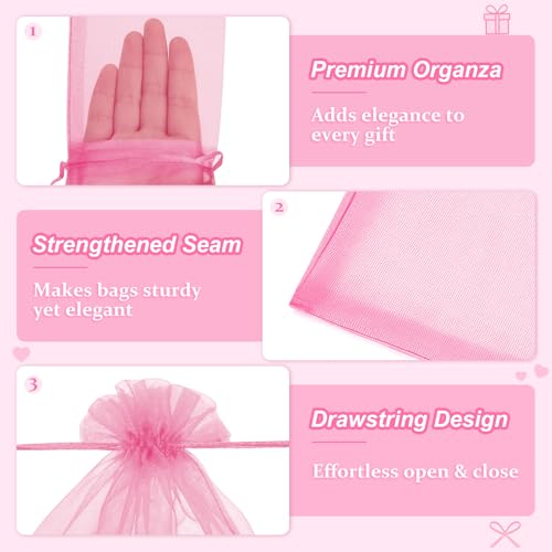 Crweety 50 Pcs Pink Organza Bags 3x4 Inch, Premium Mesh Gift Bags for Wedding Baby Shower Party Favors, Small Mesh Bags Drawtring for Candy Jewelry Gifts, Cute Sachet Bags - Thumbnail 4