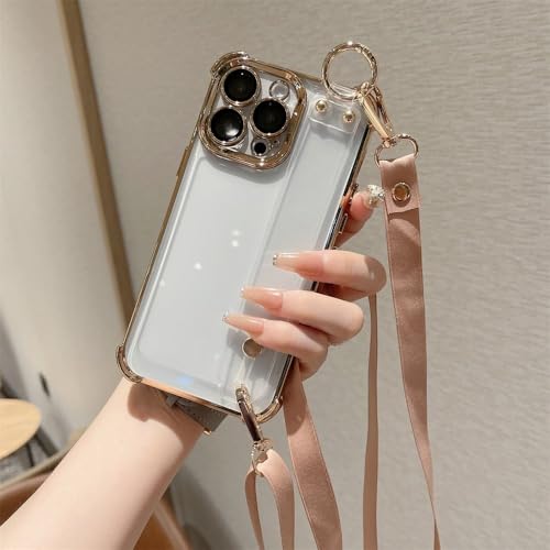 ZSUFCBF Funda rígida Transparente con Correa Cruzada y Chapado de Lujo para iPhone 16, 15, 14 Pro MAX, 13, 12, 11, XS, X, XR, Color Dorado. para iPhone 12.