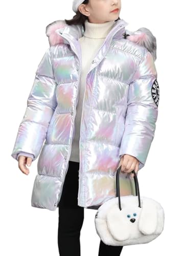 WIEAYUMEI Kids Girl Down Coat Toddler Hooded Jacket Puffer Outerwear Shiny Warm Snowsuit Children Teenage Parka Coats with Faux Fur Collar Light Purple 7-8 Years
