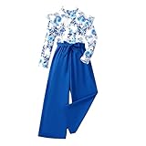 Asbabiy Herbstoutfit für Mädchen, Rüschenbesatz, langärmelig, Bluse, lässig, weites Bein, Hose, Set, eleganter Overall, 7–13 Jahre, Weiss/opulenter Garten, 10-11Y(55-58 IN)