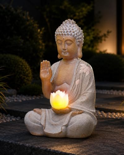 Nacome Solar Buddha Garden Statue Decor: Sitting Resin Figurine w...