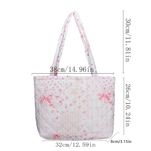 Image of Floral Quilted Cotton Shoulder Bag for Women Daily Use Medium Size Handbag Large Capacity Thickened Design Tote