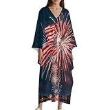 GHENBLT Plus Size Firework American Flag Kaftan Dress Batwing Sleeve V-Neck Long Swim Cover Up Beach Resort Wear Loungewear