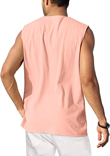 Kuyigo Men's Cotton Linen Tank Top Shirts Casual Sleeveless Lace Up Beach Hippie Tops Light Pink X-Large #TOP2