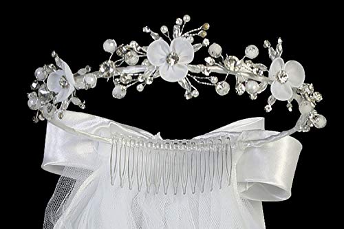 Swea Pea & Lilli Girls First Communion Veil - White Holy 1St Communion Headpiece With Satin Organza Centered Flowers And Comb #TOP3