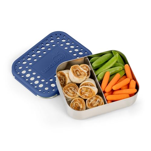 LunchBots Medium Duo Snack Container - Divided Stainless Steel Food Container - Two Sections for Half Sandwich and a Side - Eco-Friendly - Dishwasher Safe - Stainless Lid - Blue Dots