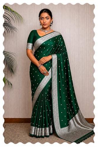 Image of Women's Glory Kanjivaram Banarasi Silk Saree with Polka Dot Embroidery Blend Woven Zari with Jacquard Woven Unstitched Blouse Piece.