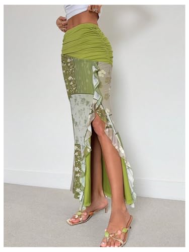 Milumia Women's Floral Patchwork Long Skirt Asymmetrical High Slit Ruffle Hem Bodycon Skirts2