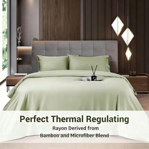Image of Shilucheng 4 Piece Queen Sheet Sets, Cooling Sheets, Blend Rayon Derived from Bamboo, Deep Pocket Up to 16 inch, Breathable & Soft Bed Sheets, Hotel Silky Bedding Set, Sage Green