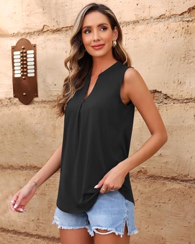 AUSELILY Womens 2025 Summer Tank Tops Causal Ladies V Neck Sleeveless Loose Pleated Shirts Blouse2