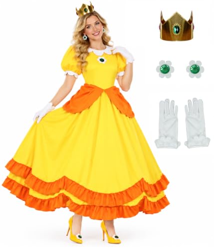 Princess Dresses for Women Princess Cosplay Halloween Full Set with Crown Earrings Gloves (US Size)