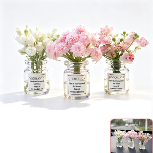 Fiknonk 3 PCS Car Dash Flower Ornaments, Cute Mini Cherry Blossom Jasmine Faux Arrangement, Natural Simulated 3D Vase with No-marking Adhesive, Universal for Most Cars SUVs Trucks (Multicolored)