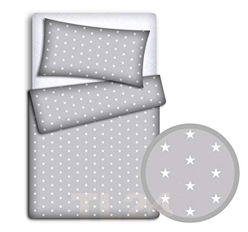 TheLittles24 Baby Newborn Bedding Set Pillowcase + Duvet Quilt Cover 2 Piece to Fit Cot Crib Cradle Pram 80x70cm (White stars on grey background)