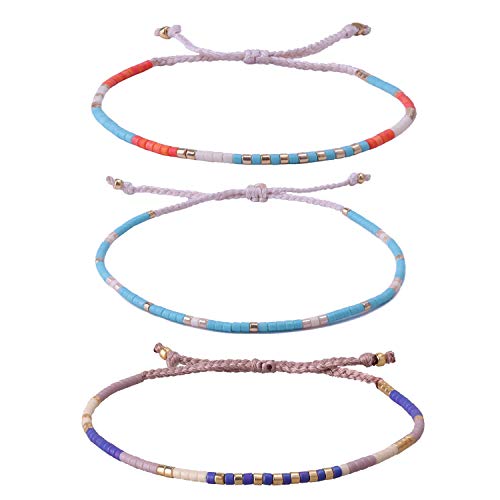 KELITCH 3 PCS Pearl Seed Bead Strand Link Bracelets Thin Rope Handmade Adjustable String Bracelets for Women