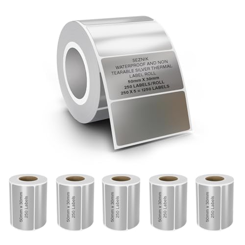 Image of Seznik Silver Waterproof, Non-Tearable, Sticky Thermal Lables, Label Roll, 2 inch Adhesive Thermal Labels for Label Printers (50mmx30mm - 1250 Lables)