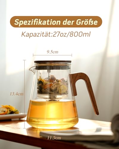 ZENS Magic Teekanne Glas mit Sieb, Teezubereiter für Losen Tee mit Magnet Sauger-Deckel, Tea Maker for Tee Zubereitung, Teapot Griff aus Walnussholz, Teeliebhaber Geschenke – Bild 5