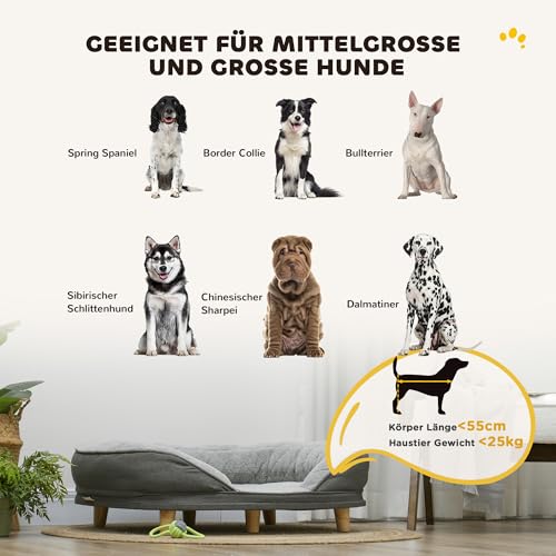 PawHut Hundesofa Hundecouch, Waschbarer Bezug, Haustiersofa mit Rückenlehne und Holzbeine, Katzensofa, Hundbett für mittelgroße Hunde unter 25 kg, 90cm x 78cm x 25cm, Grau