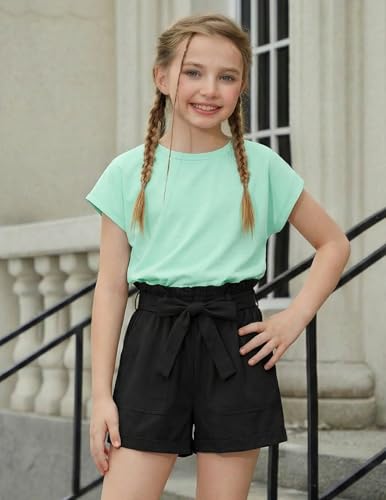 Image of Arshiner Girls 2 Piece Outfit Summer Drop Shoulder Batwing Sleeve Tops and Paperbag Waist Shorts Set Cute Clothing Size 6-14