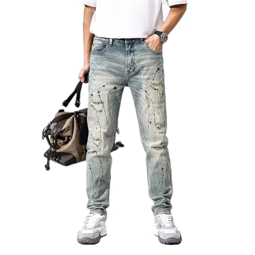 Men's Slim Straight Jeans Retro Do Old Washed Splash Ink American Style Hole Small Leg Trousers