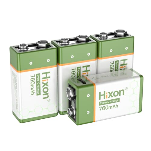 Hixon Batería de litio recargable de 9 V, 9 V, 760 mAh, cable de carga tipo C, para detector de humo y multímetro, 4 pilas de litio de 9 V