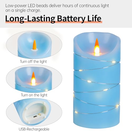 Image of Rechargeable LED Candles, Real Wax, 4 5 6 in, Sky Blue, 3 Pack | USB Rechargeable Real Wax Candles with Remote, Timer and Star Lights