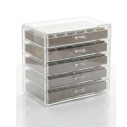 Ziyonix Caja de Joyero con 5 Cajones Organizador de Joyas Acrílico Transparente Caja para Joyas con Bandejas Separador Extraíble Jewelry Box para Bisutería Pendientes Anillos Mujer y Niñas