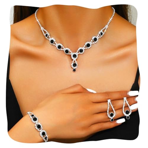 Image of JAKAWIN Bridal Wedding Jewelry Set Silver Prom Necklace Earring Set for Women (2 Black)