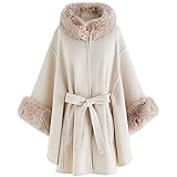 CHICWISH Women Bowknot Faux Fur Poncho Cape Sleeve Solid Shawl Wrap Winter Coat Party Cardigan Cloak with Pockets Oatmeal