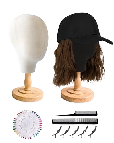 CHADWICK Canvas & Black 21 Inch Mannequin Head Set with Detachable Wood Stands, for Wig Making, Hat and Jewelry Display – Includes 7-piece Crocodile Clip & Comb Set, Multi-Color Pin Tray