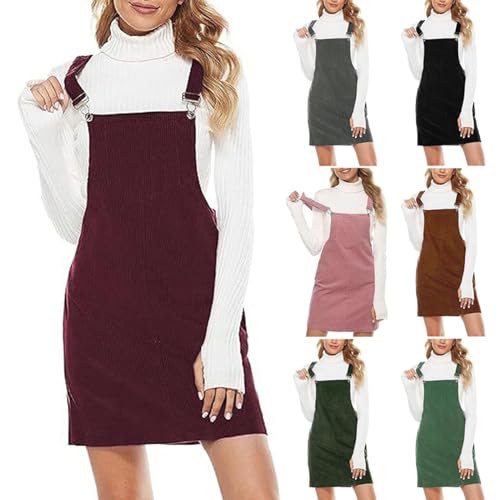Damen Latzrock Sale Quadratischer Ausschnitt Kleid mit Brusttasche Latzkleid Overallkleid mit Verstellbare Spaghetti-Träge Freizeitkleid Corduroy...