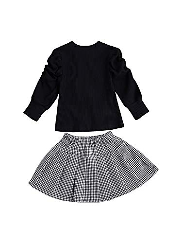 Sasaerucure Kids Toddler Baby Girl Outfit Knitted Long Puff Sleeve Sweater Tops With Houndstooth Skirt 2Pcs Winter Spring Clothes Set (Black, 6-7 Years) #TOP2