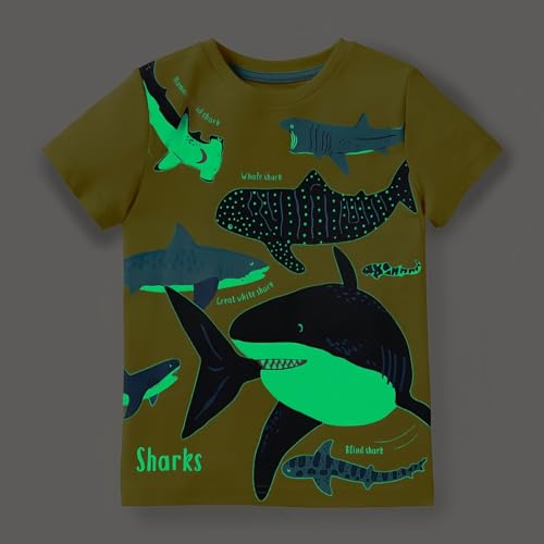 Toddler Boys T-Shirt Glow in The Dark Unisex 2Pc Short Sleeve Shirt Dinosaurs Sharks Graphic 2-7Y3