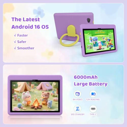 Image of Tablet 10 inch Android 16 Tablet for Kids, 24GB RAM 128GB ROM 1TB Expand, Kids Learning Tablet with Parental Control, Shockproof Case, Eye Protection HD IPS Screen, 6000mAh WiFi 6, Purple