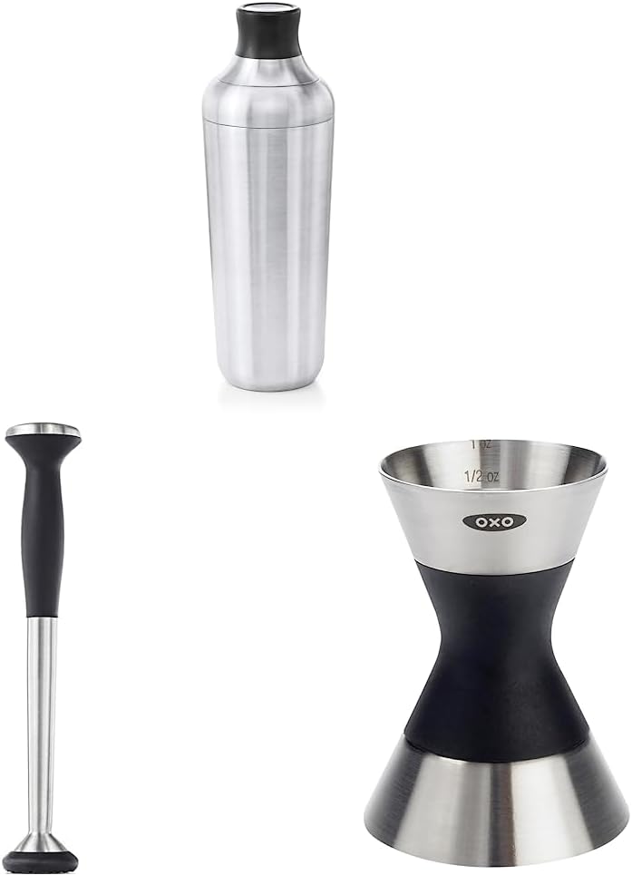 OXO Steel Cocktail Shaker & Muddler with Non-Scratch Nylon Head and Soft Non-Slip Grip, Silver, 9-Inch & Double Jigger