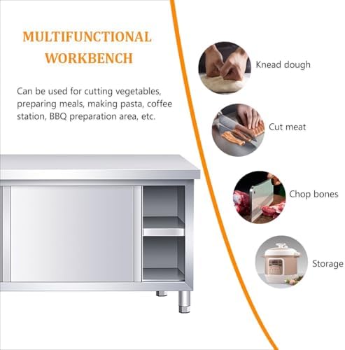 Stainless Steel Kitchen Prep Work Table with Sliding Doors & Cabinet, Large Multi-Functional Commercial Table for Restaurants, Hotels, Outdoor Cooking & Catering (80*