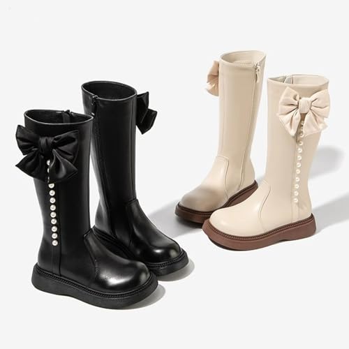 Girls Bow Ridding Boots Non-Slip Side Zipper Pearl Down PU Leather Boots Knee High Birthday Party Princess Shoes2